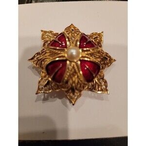 Vtg MONET Maltese Cross Brooch Gold Tone Red Enamel Faux Pearl Signed LARGE 2.5"